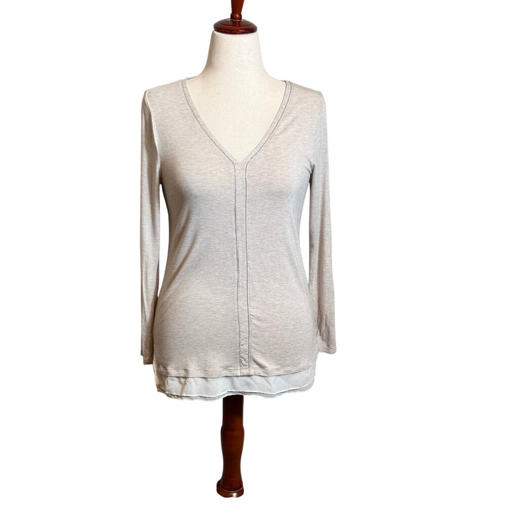 White House Black Market tunic beige v-neck long sleeve beading chiffon hem sz S